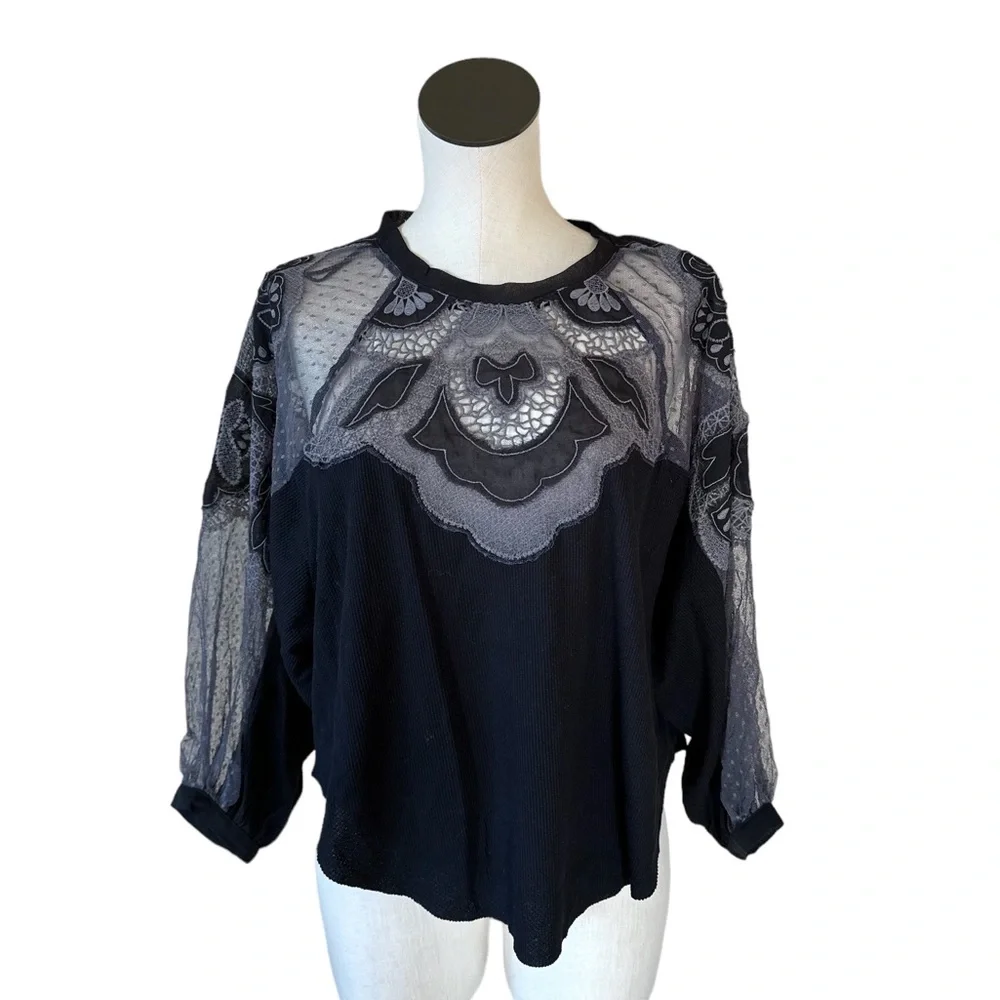 NEW Free People Toni Blouse  Black Mesh  Lace Trim Super Oversized